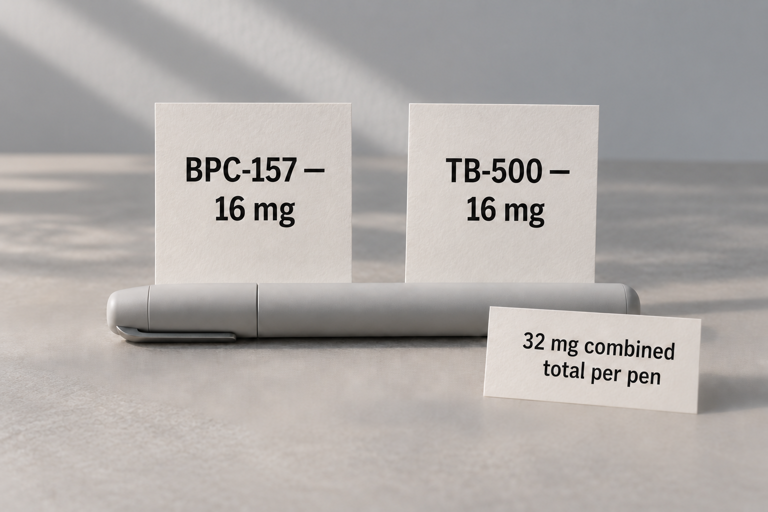 ИИ-иллюстрация: закрытая ручка рядом с карточками BPC-157 16 mg, TB-500 16 mg и общей суммой 32 mg.