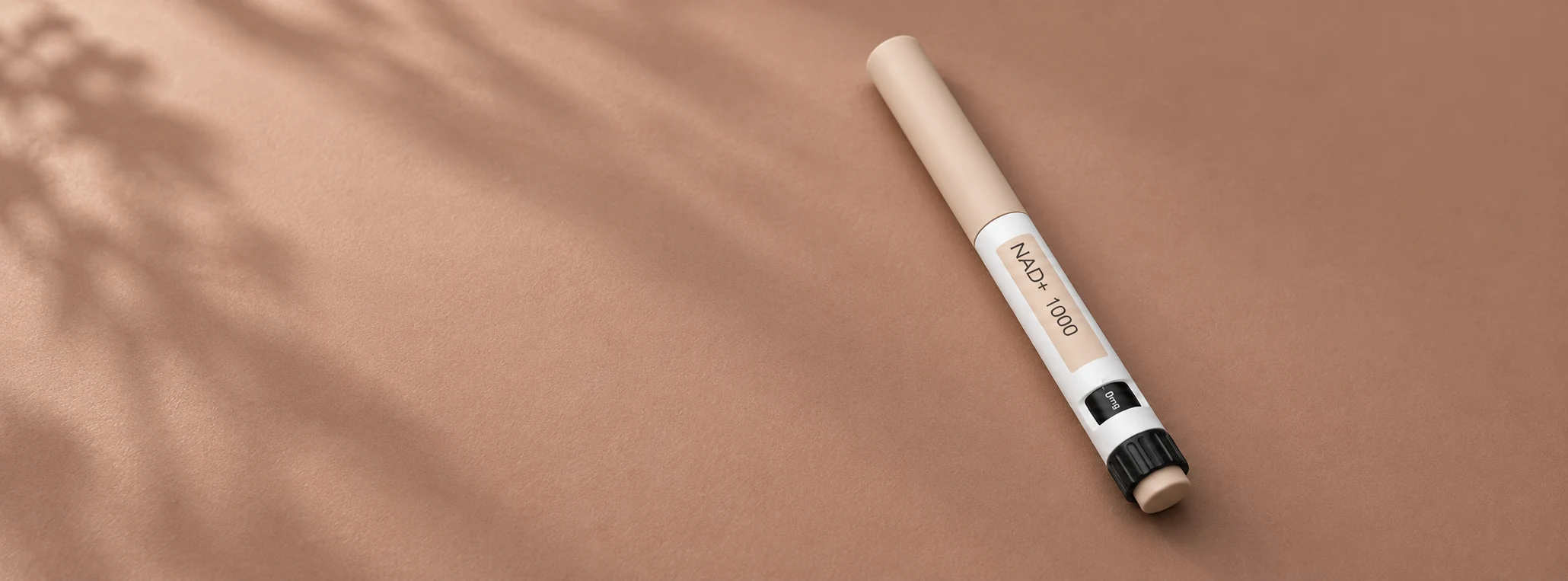 Generated editorial photograph of a capped NAD+ pen on a warm matte surface